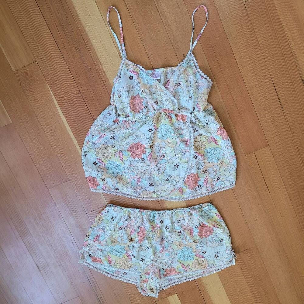 Vintage Y2K large floral pajama set babydoll cut top lace details bow boho maxim - Picture 1 of 14